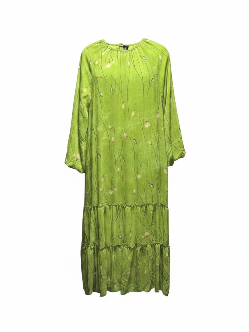 Green long sleeve dress with beige floral print, size M